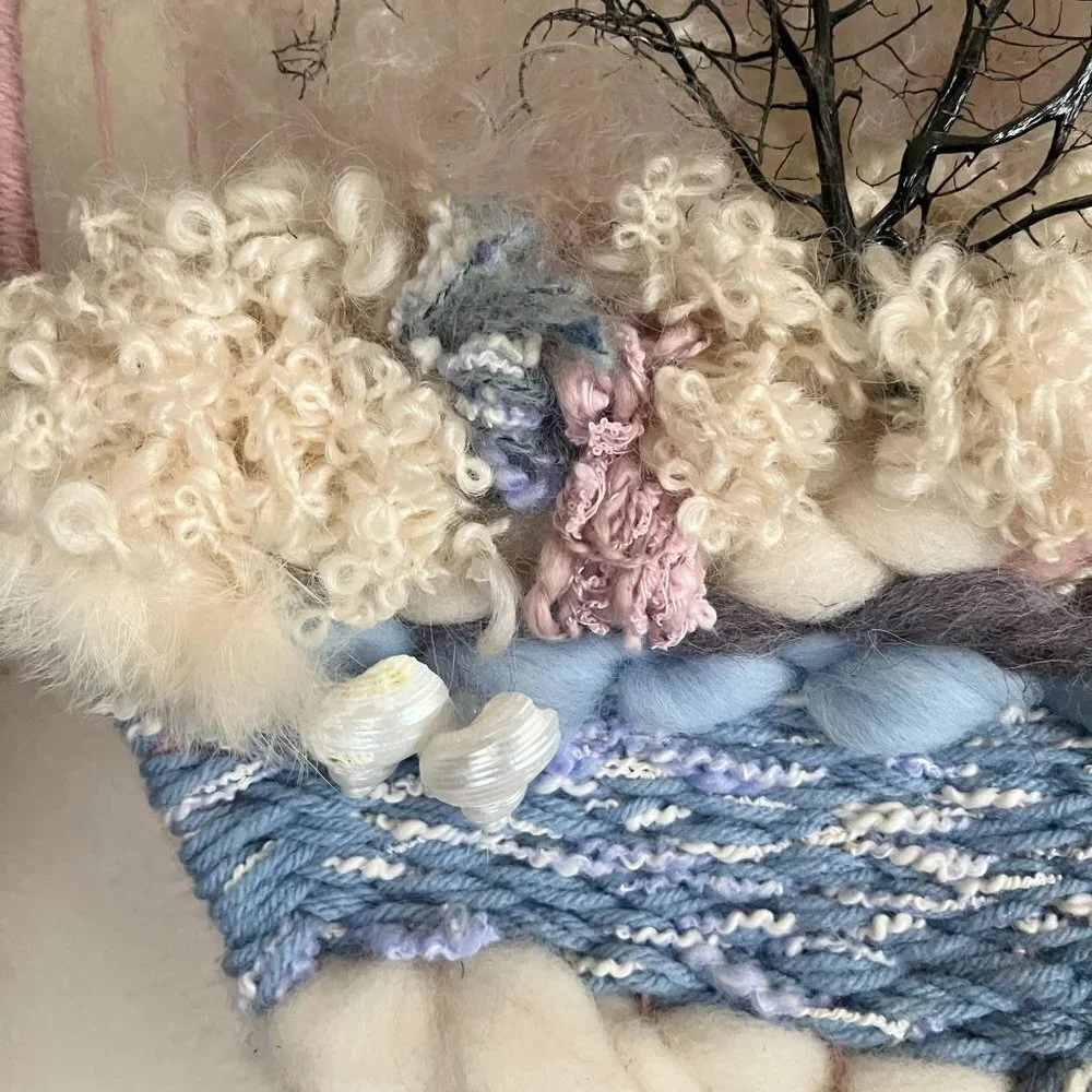 Wool Hand‎ Spun Fiber Mixed Media Wall Hanging Mohair Dream Catcher Boho Cottage